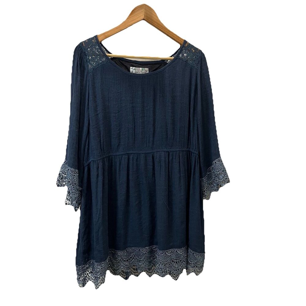Lady Noiz Navy Blue Gauze Crochet Lace 3/4 Sleeve Tunic Top Lined Womens 2XL